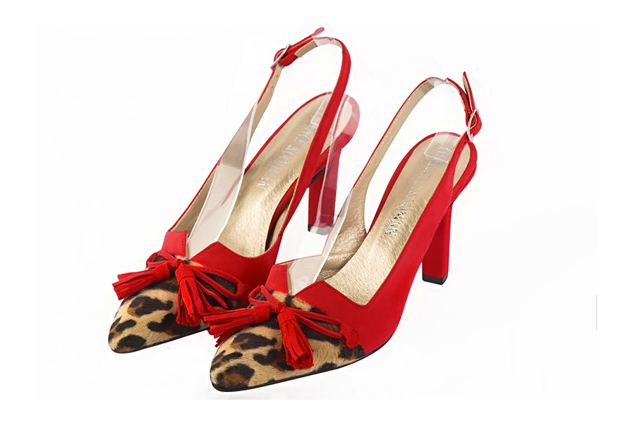 Safari black and scarlet red women's open back shoes, with a knot. Tapered toe. High slim heel - Florence KOOIJMAN